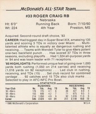 1986 McDonald's All-Star Team #NNO Roger Craig Back