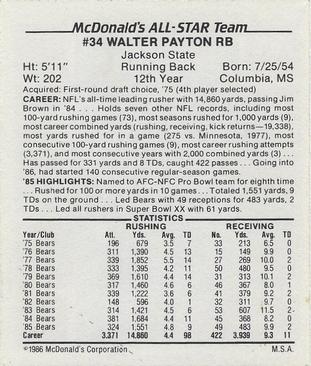 1986 McDonald's All-Star Team #NNO Walter Payton Back