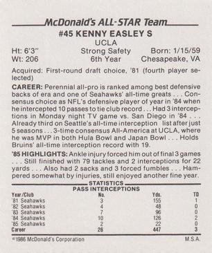 1986 McDonald's All-Star Team #NNO Kenny Easley Back