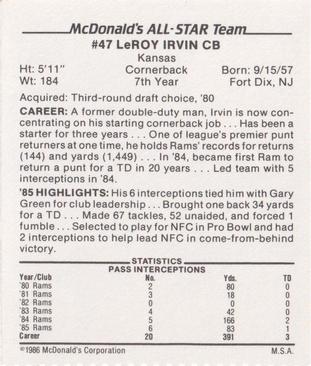 1986 McDonald's All-Star Team #NNO LeRoy Irvin Back