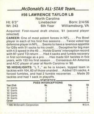 1986 McDonald's All-Star Team #NNO Lawrence Taylor Back