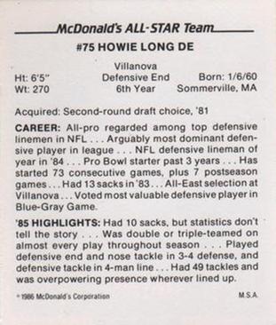 1986 McDonald's All-Star Team #NNO Howie Long Back