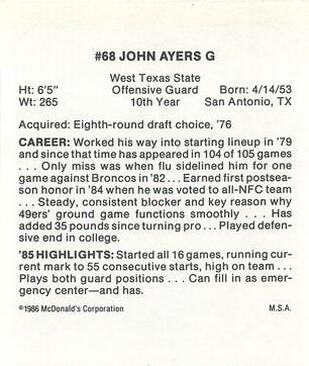 1986 McDonald's San Francisco 49ers #NNO John Ayers Back