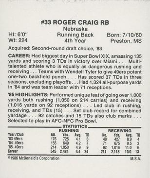 1986 McDonald's San Francisco 49ers #NNO Roger Craig Back