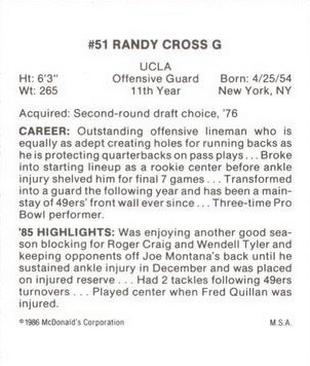 1986 McDonald's San Francisco 49ers #NNO Randy Cross Back