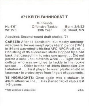 1986 McDonald's San Francisco 49ers #NNO Keith Fahnhorst Back