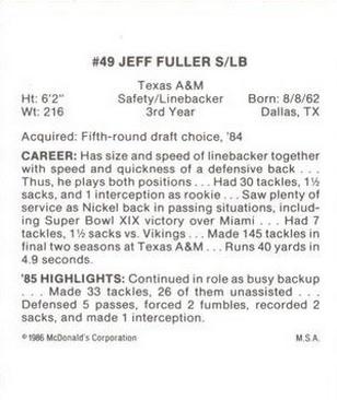 1986 McDonald's San Francisco 49ers #NNO Jeff Fuller Back
