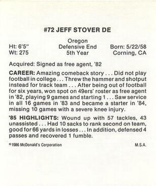 1986 McDonald's San Francisco 49ers #NNO Jeff Stover Back