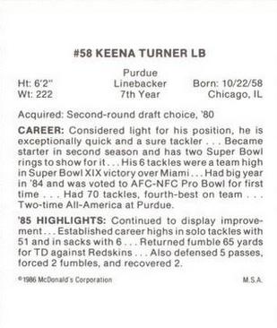 1986 McDonald's San Francisco 49ers #NNO Keena Turner Back