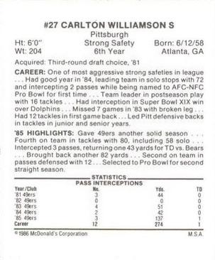 1986 McDonald's San Francisco 49ers #NNO Carlton Williamson Back