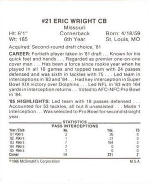 1986 McDonald's San Francisco 49ers #NNO Eric Wright Back