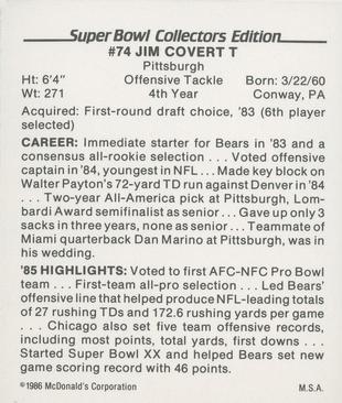 1986 McDonald's Chicago Bears #NNO Jim Covert Back