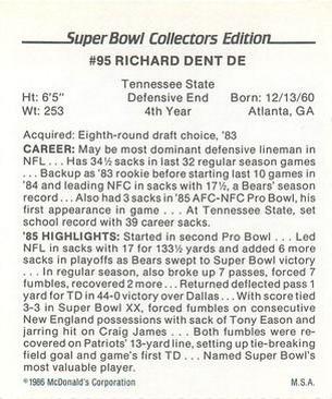 1986 McDonald's Chicago Bears #NNO Richard Dent Back