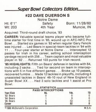 1986 McDonald's Chicago Bears #NNO Dave Duerson Back