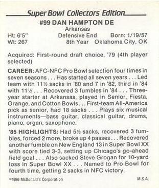 1986 McDonald's Chicago Bears #NNO Dan Hampton Back