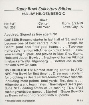 1986 McDonald's Chicago Bears #NNO Jay Hilgenberg Back