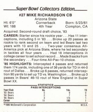 1986 McDonald's Chicago Bears #NNO Mike Richardson Back