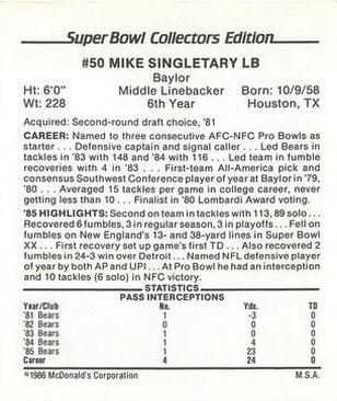1986 McDonald's Chicago Bears #NNO Mike Singletary Back