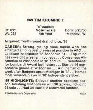 1986 McDonald's Cincinnati Bengals #NNO Tim Krumrie Back
