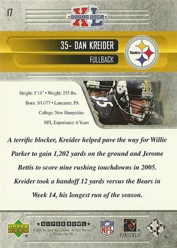 2006 Upper Deck Pittsburgh Steelers Super Bowl Champions #17 Dan Kreider Back