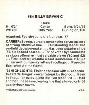 1986 McDonald's Denver Broncos #NNO Bill Bryan Back