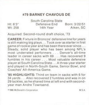 1986 McDonald's Denver Broncos #NNO Barney Chavous Back