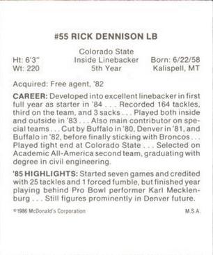 1986 McDonald's Denver Broncos #NNO Rick Dennison Back