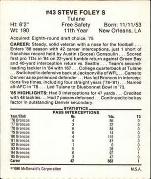 1986 McDonald's Denver Broncos #NNO Steve Foley Back