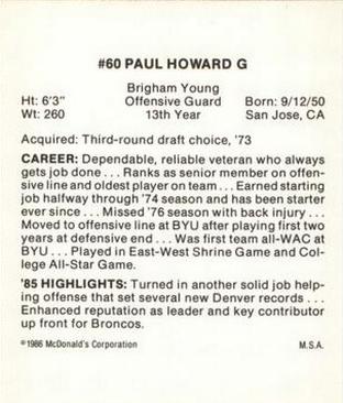 1986 McDonald's Denver Broncos #NNO Paul Howard Back