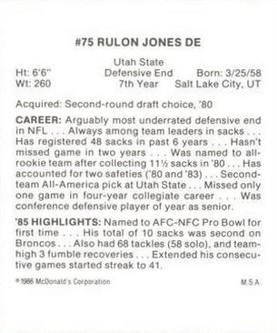 1986 McDonald's Denver Broncos #NNO Rulon Jones Back