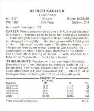 1986 McDonald's Denver Broncos #NNO Rich Karlis Back