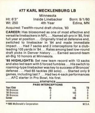 1986 McDonald's Denver Broncos #NNO Karl Mecklenburg Back