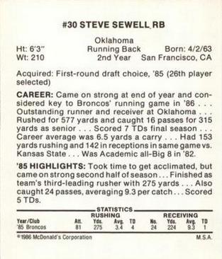 1986 McDonald's Denver Broncos #NNO Steve Sewell Back