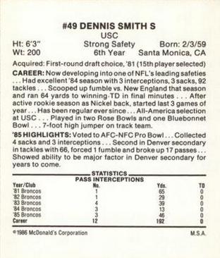 1986 McDonald's Denver Broncos #NNO Dennis Smith Back