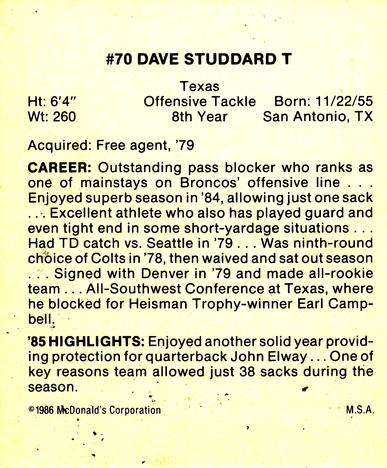 1986 McDonald's Denver Broncos #NNO Dave Studdard Back