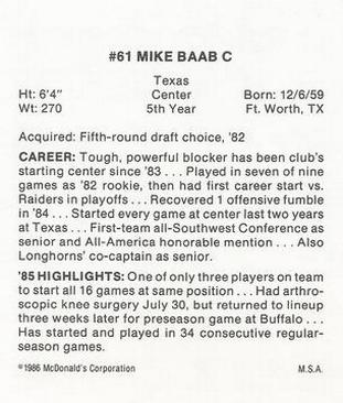 1986 McDonald's Cleveland Browns #NNO Mike Baab Back