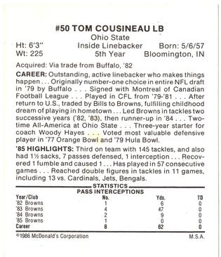 1986 McDonald's Cleveland Browns #NNO Tom Cousineau Back