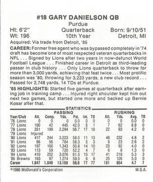 1986 McDonald's Cleveland Browns #NNO Gary Danielson Back