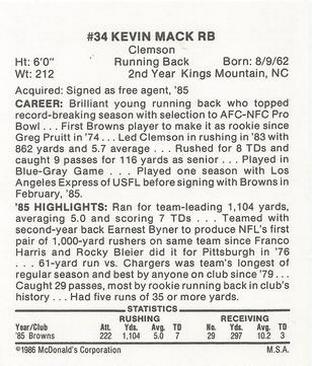 1986 McDonald's Cleveland Browns #NNO Kevin Mack Back