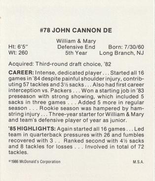 1986 McDonald's Tampa Bay Buccaneers #NNO John Cannon Back