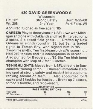 1986 McDonald's Tampa Bay Buccaneers #NNO David Greenwood Back