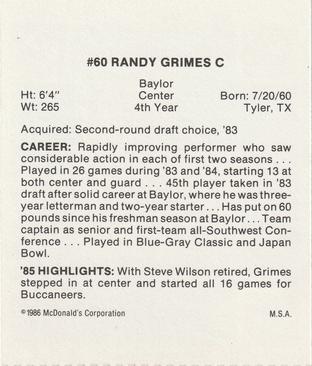 1986 McDonald's Tampa Bay Buccaneers #NNO Randy Grimes Back
