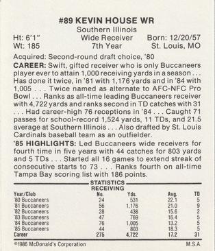 1986 McDonald's Tampa Bay Buccaneers #NNO Kevin House Back