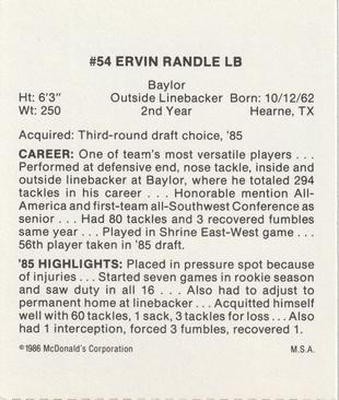 1986 McDonald's Tampa Bay Buccaneers #NNO Ervin Randle Back