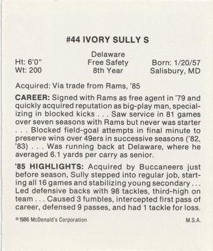 1986 McDonald's Tampa Bay Buccaneers #NNO Ivory Sully Back