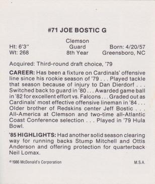 1986 McDonald's St. Louis Cardinals #NNO Joe Bostic Back