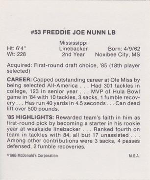 1986 McDonald's St. Louis Cardinals #NNO Freddie Joe Nunn Back