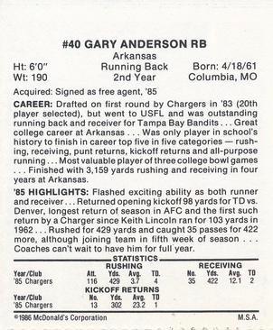 1986 McDonald's San Diego Chargers #NNO Gary Anderson Back