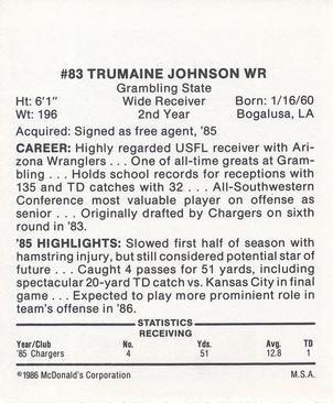 1986 McDonald's San Diego Chargers #NNO Trumaine Johnson Back