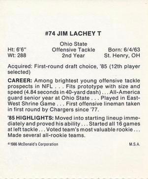 1986 McDonald's San Diego Chargers #NNO Jim Lachey Back